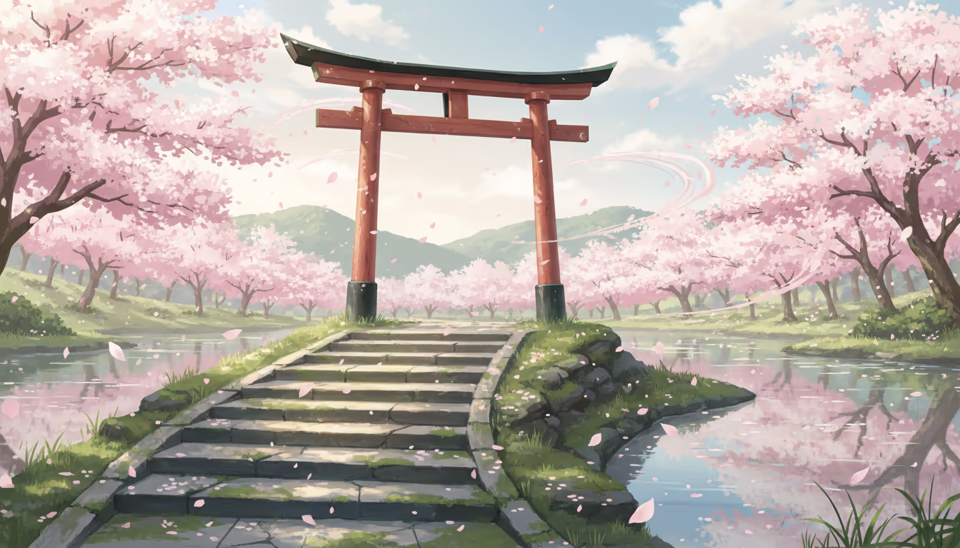 Cherry blossom scene in anime style — petals drifting in the wind, traditional architecture, soft pink and white palette