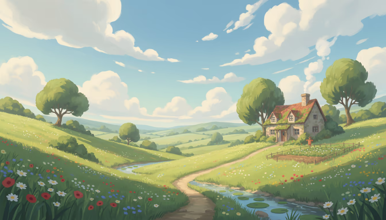 Studio Ghibli-inspired countryside — rolling green hills, puffy clouds, wildflowers, a cozy cottage in the distance