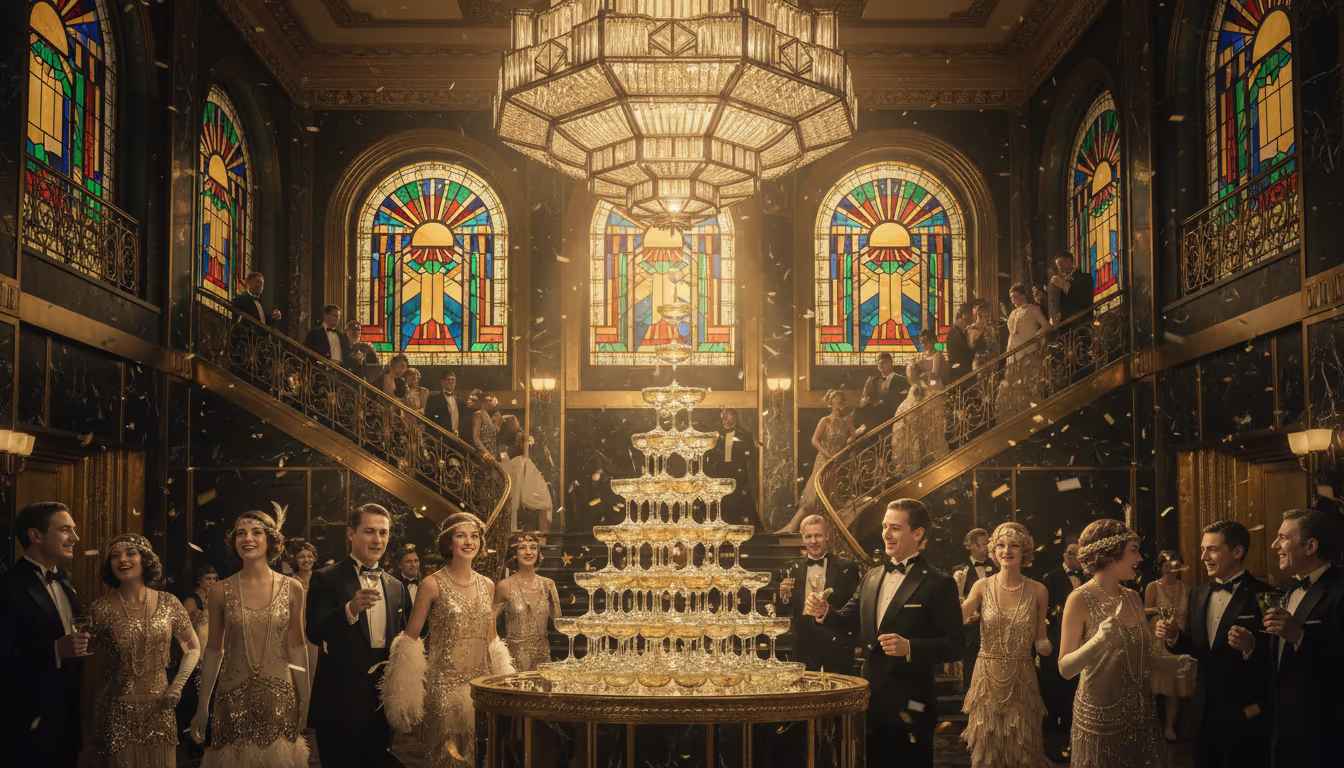1920s Art Deco party — champagne glasses, golden chandeliers, geometric architecture, Great Gatsby opulence