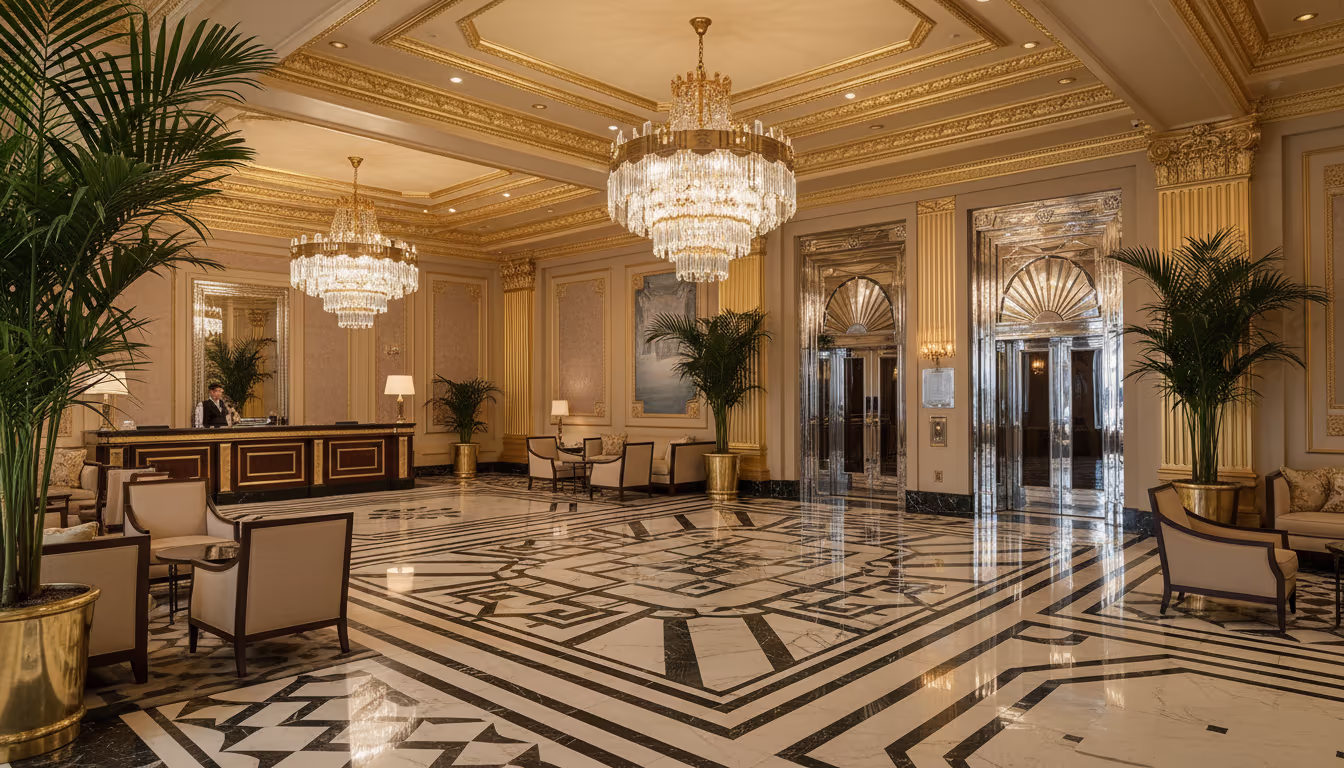 Art Deco interior — geometric marble floor, chrome fixtures, fan-shaped motifs, 1920s luxury in gold and black