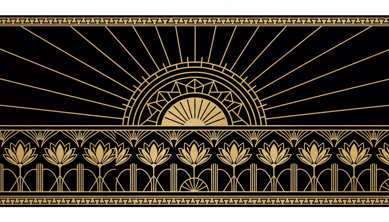 Art Deco geometric pattern — gold sunbursts, chevrons, stepped forms, symmetrical black and gold design