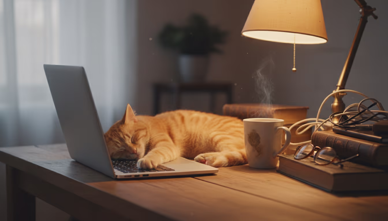 Cat curled up next to an open laptop on a cozy desk — the universal 'cat on your keyboard' aesthetic