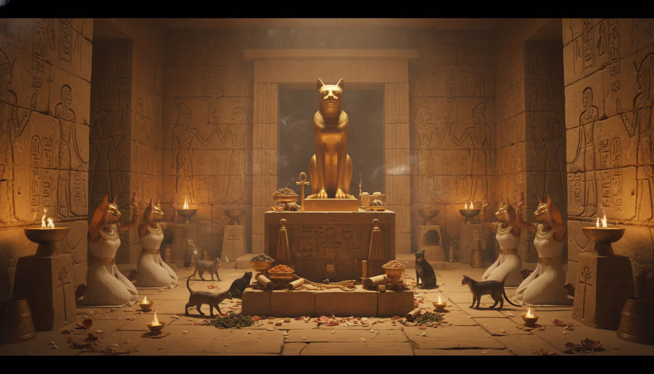 Ancient Egyptian cat worship — golden Bastet statue, hieroglyphics on sandstone walls, flickering candlelight