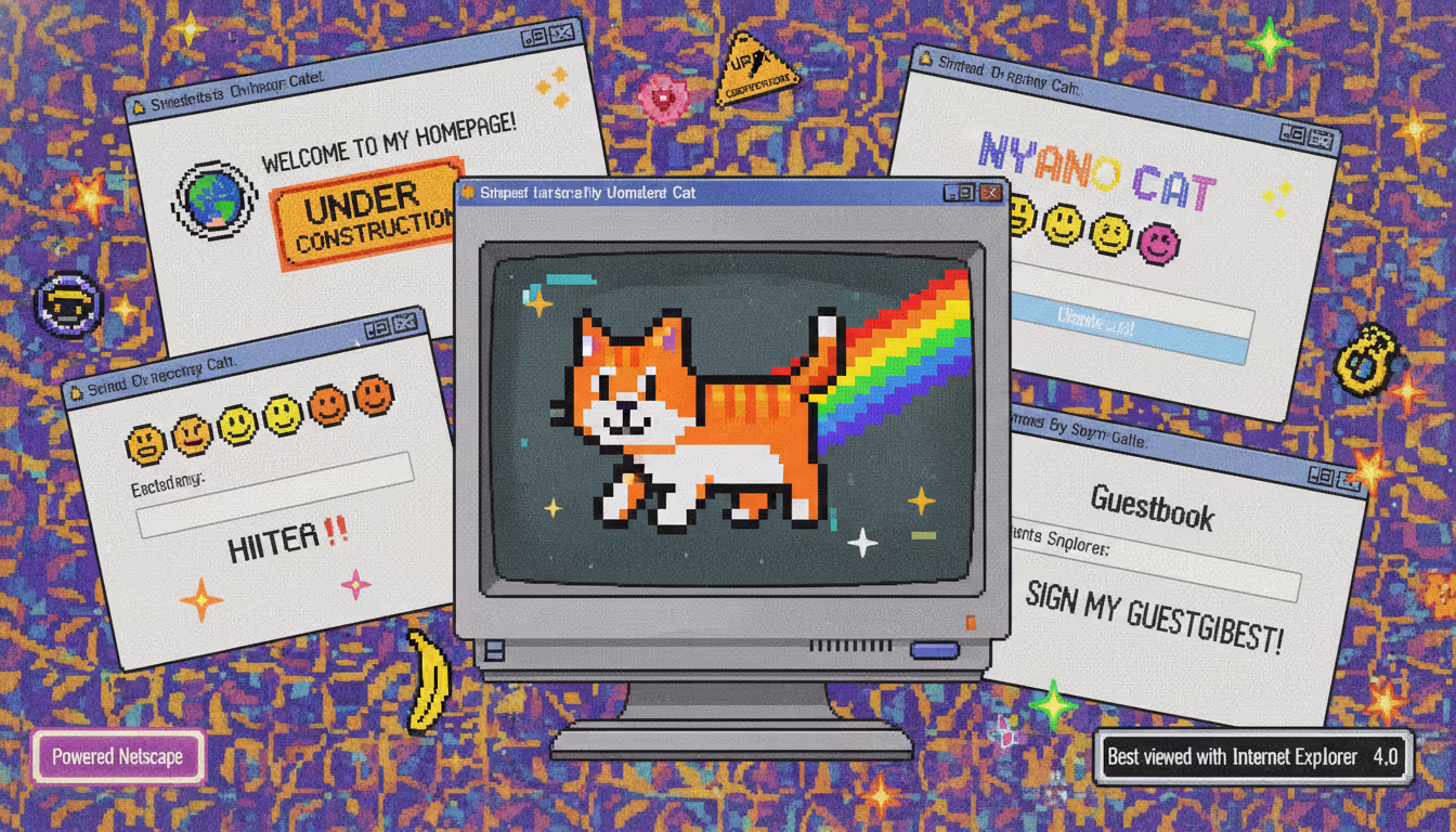 Internet cat culture — pixel art cat with rainbow trail, retro browser windows, early-internet aesthetic collage