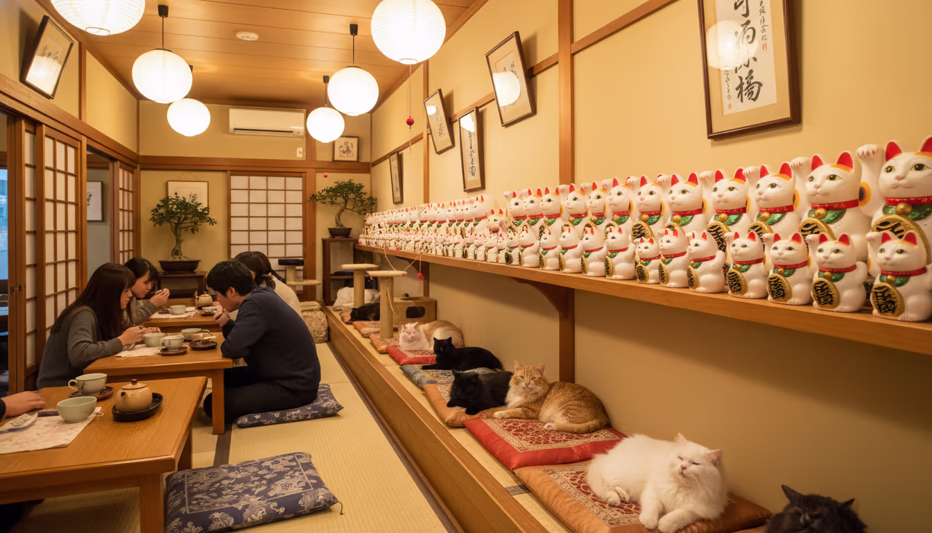 Japanese cat culture — maneki-neko beckoning cats in a cozy cat cafe with warm lantern light