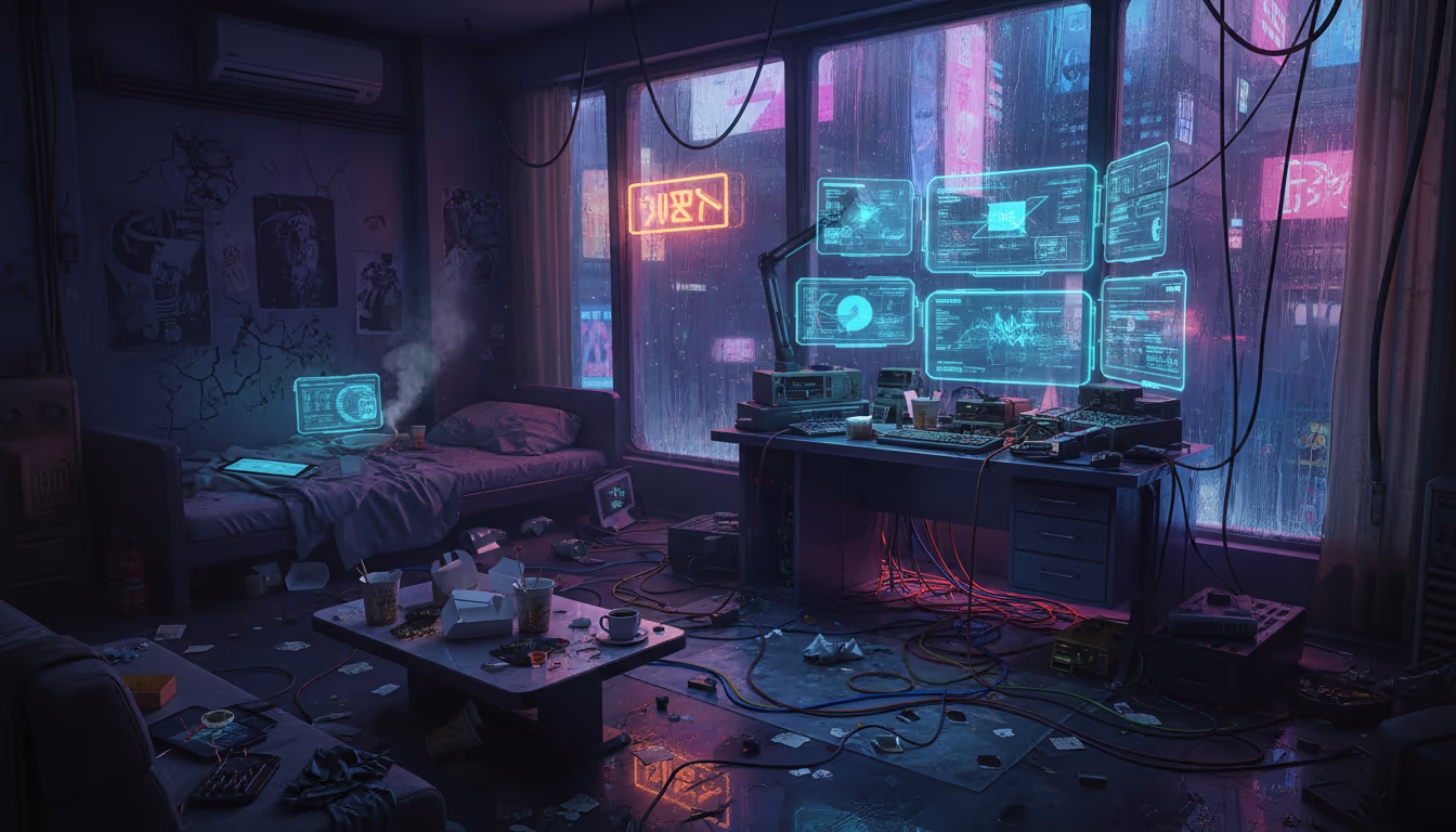 Cyberpunk apartment interior — holographic displays, tangled cables, neon bleeding through rain-streaked windows