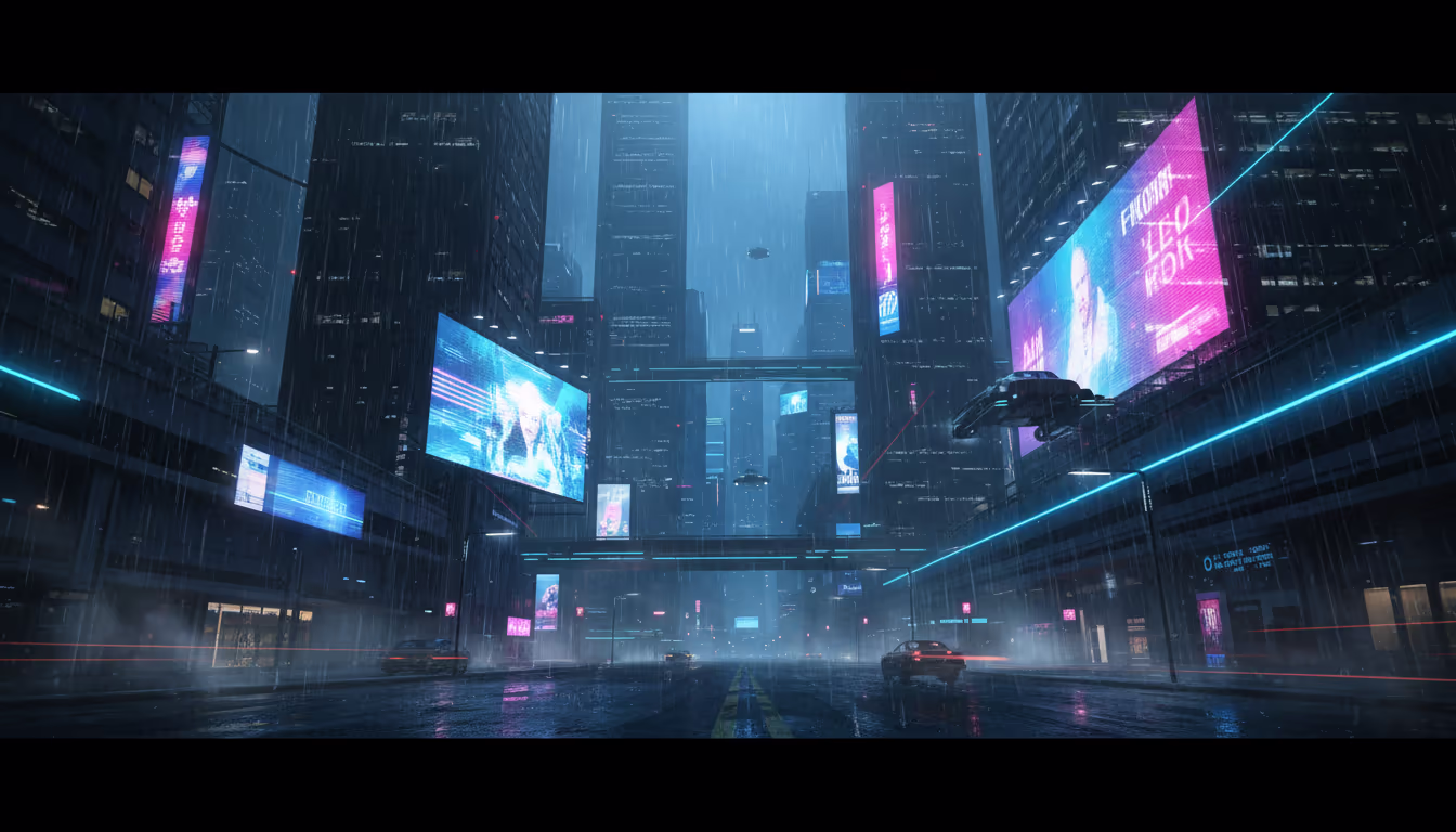 Rain-soaked cyberpunk city with towering neon billboards and flying vehicles
