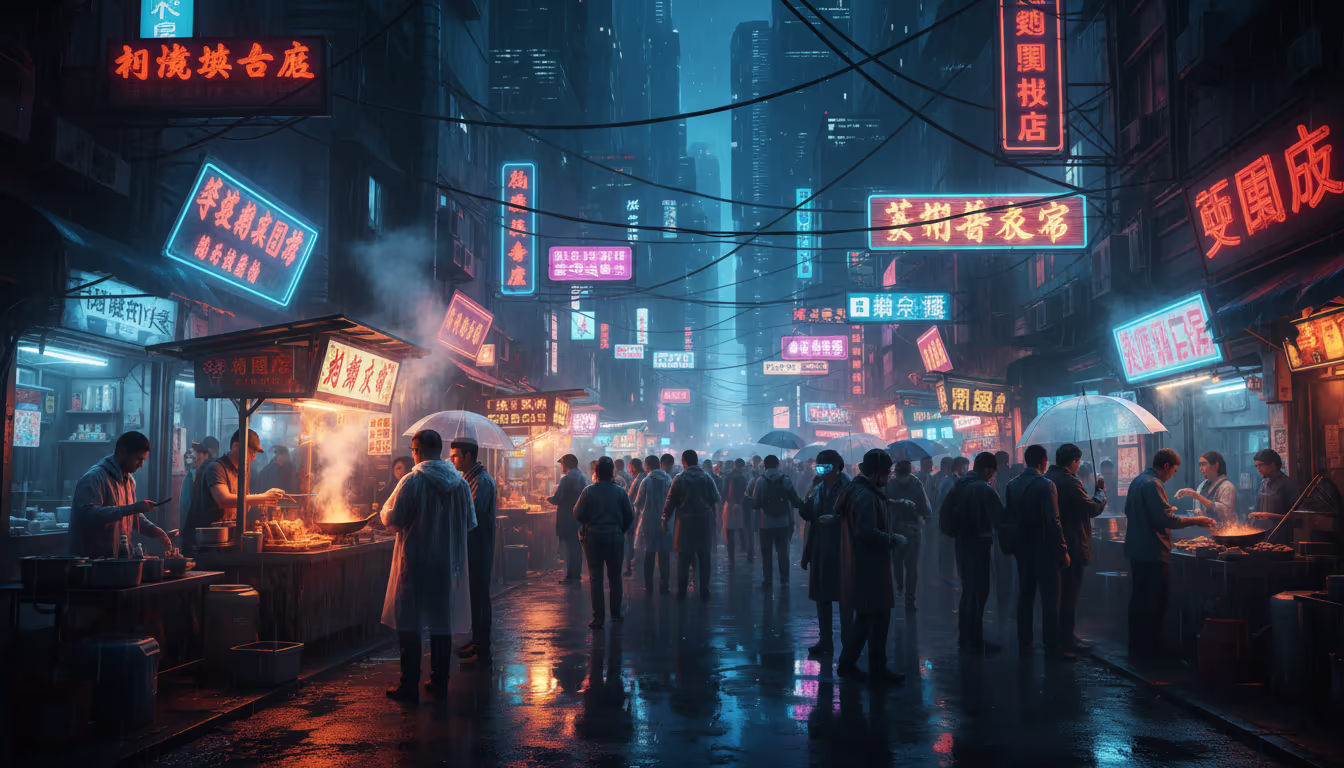 Crowded cyberpunk street market with neon signs in Asian characters and steam rising from food stalls