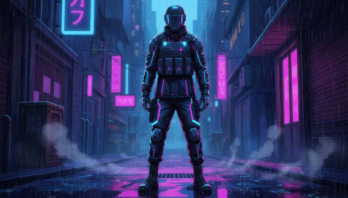 Cyberpunk techwear fashion — augmented reality visor, tactical vest, neon-lit urban backdrop
