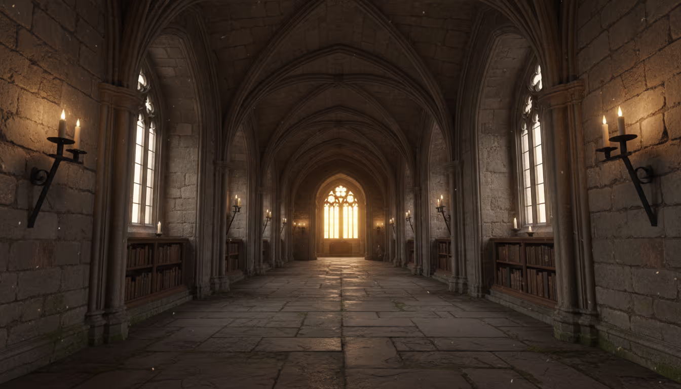 University corridor with gothic arches — stone floor, dim candlelight, 'knowledge as slightly dangerous' atmosphere