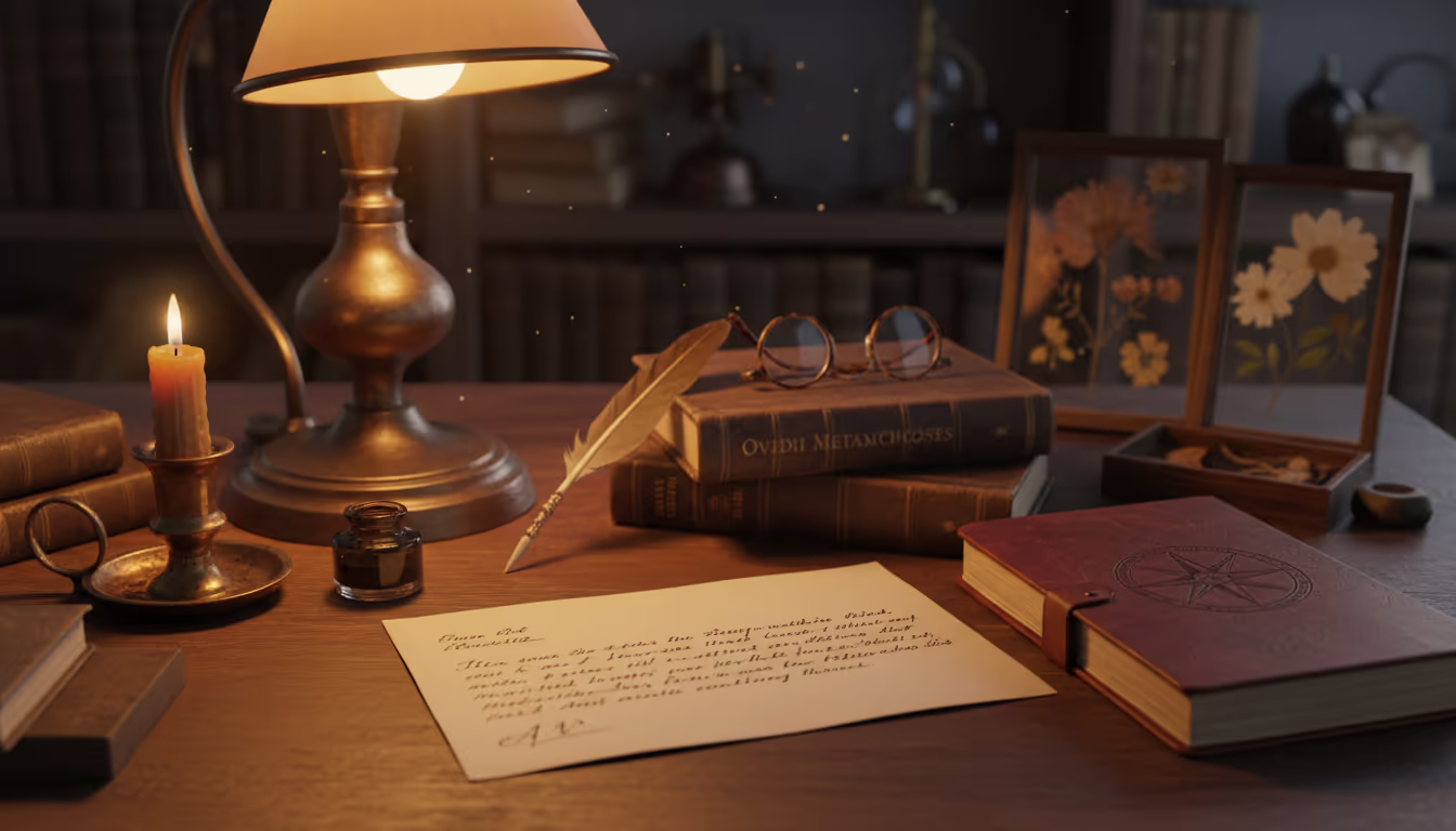 Dark academia desk — handwritten letter, fountain pen, flickering candle, leather journal, scattered Latin texts