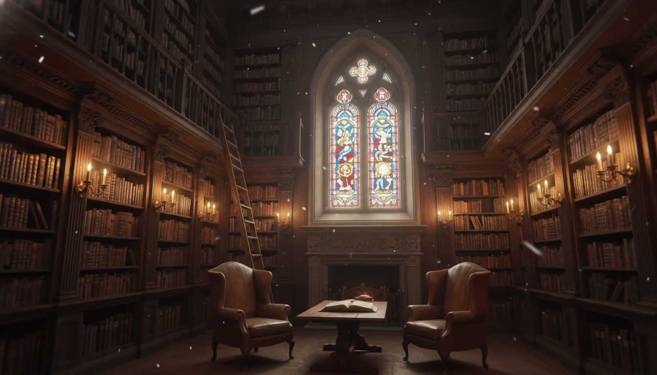 Dark academia library — towering bookshelves, rolling ladder, candlelight, leather armchairs, stained glass above