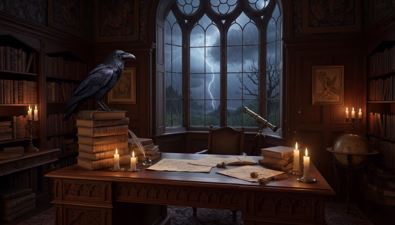 Victorian gothic study — candlelit desk, raven perched on leather-bound books, storm raging outside