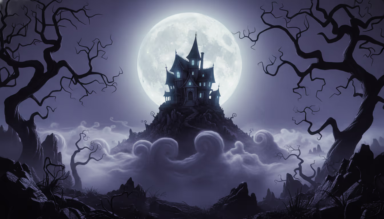 Tim Burton-esque gothic landscape — twisted bare trees, full moon, haunted mansion silhouette, whimsical darkness