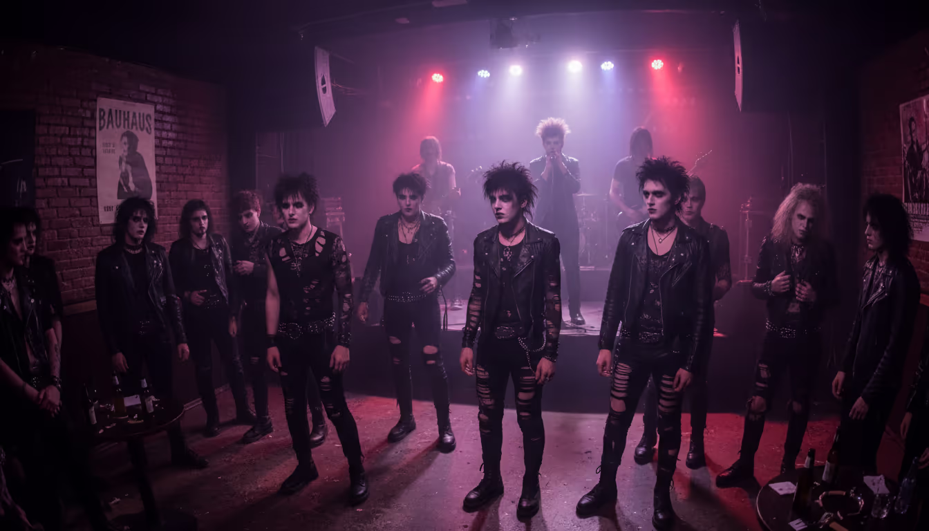 1980s goth club scene — dramatic makeup, dark fashion, post-punk aesthetic, moody purple lighting