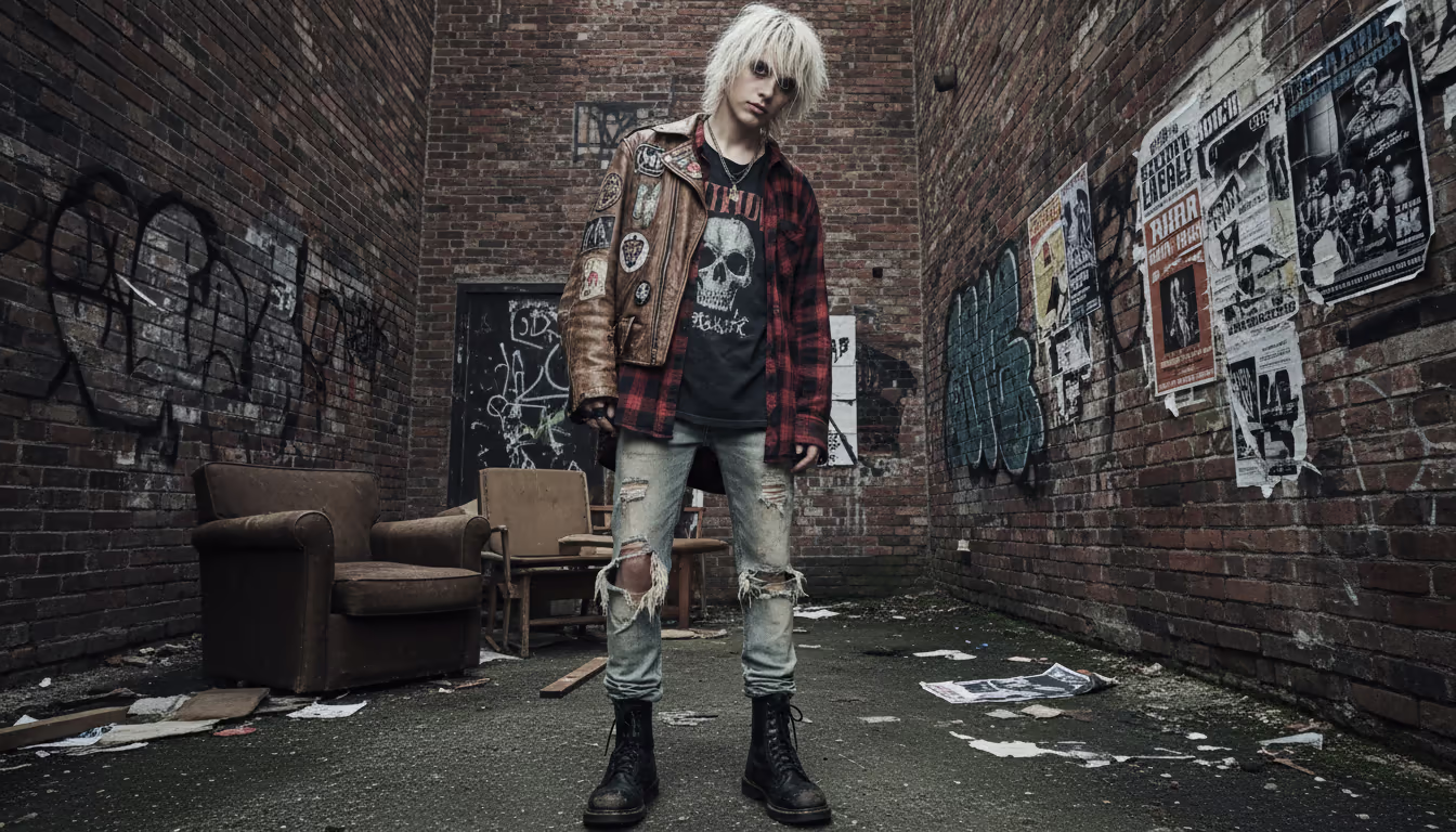 Grunge fashion — oversized flannel shirt, Doc Martens, ripped jeans, thrift-store aesthetic, raw and anti-corporate