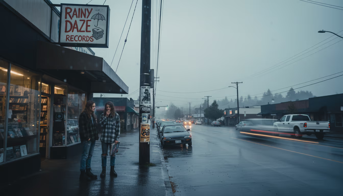 Seattle 1991 — rainy street, independent record store with flannel-wearing figures, faded posters on walls