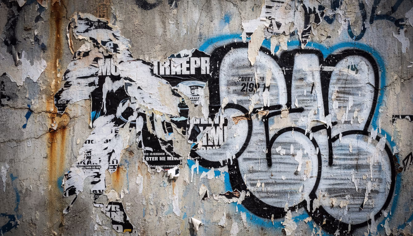 Pure grunge texture — high contrast distressed concrete wall, peeling concert posters, raw industrial decay