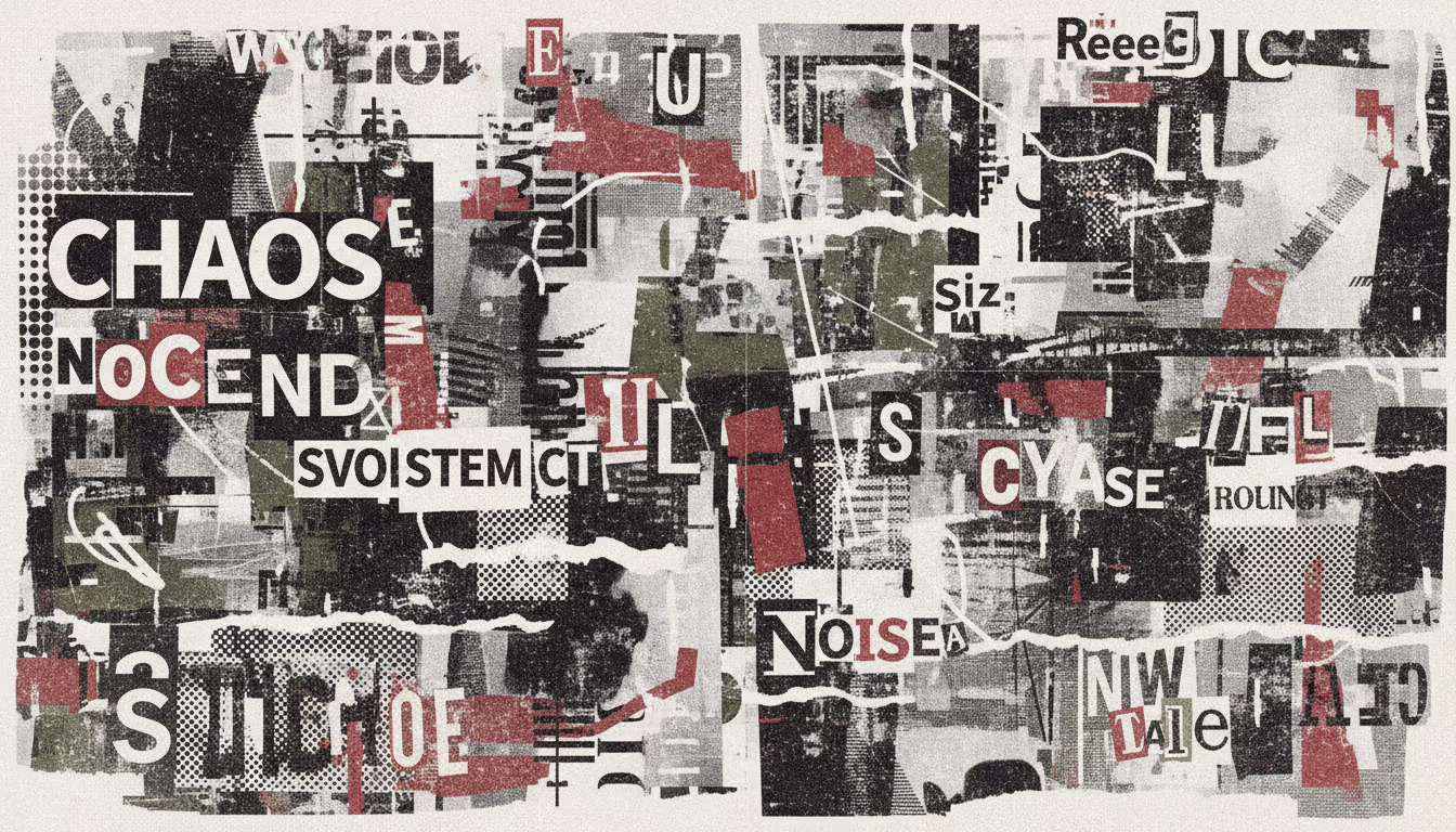 Grunge typography — Ray Gun magazine style distressed text, xerox textures, ransom-note cutout collage