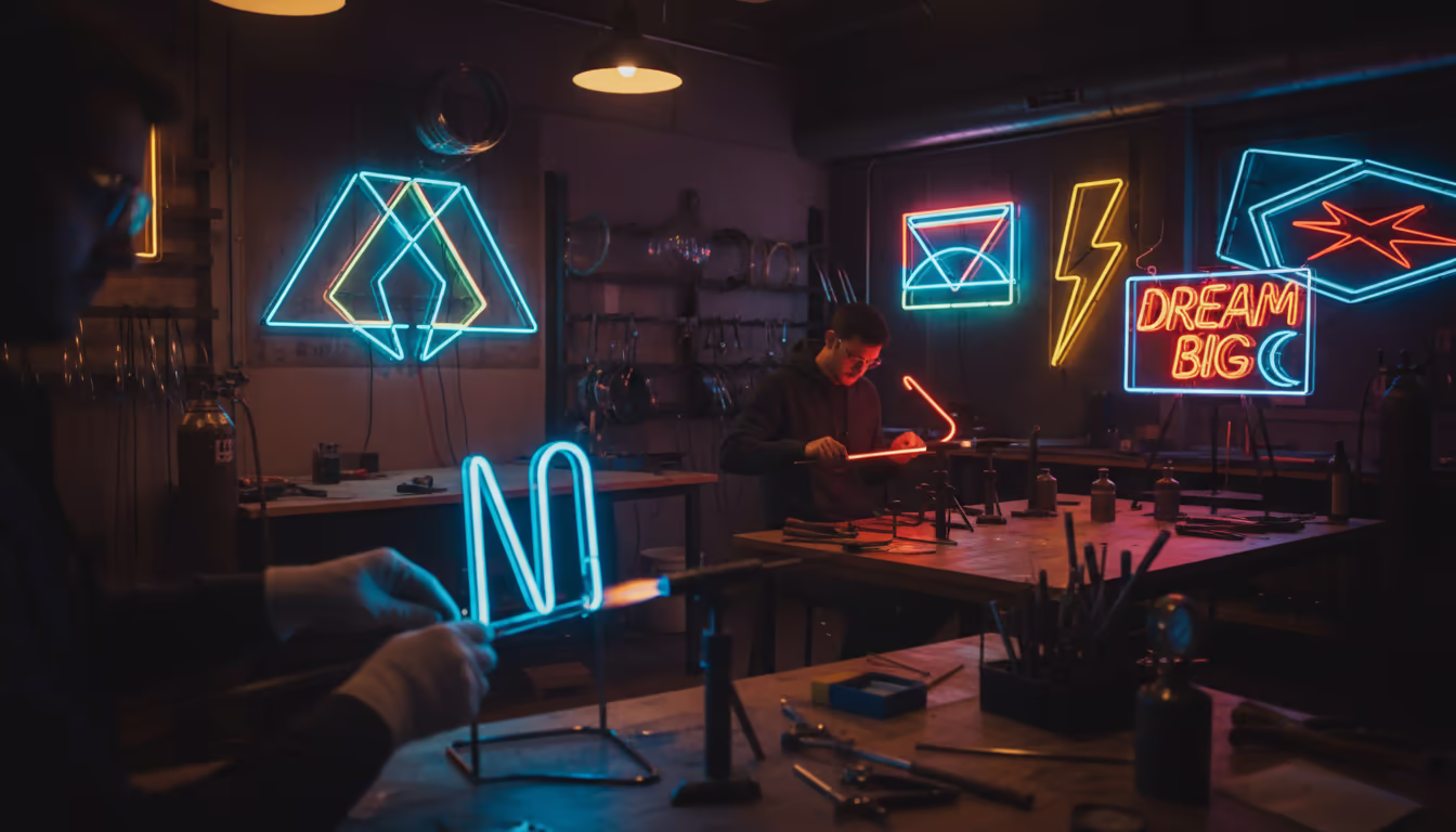 Neon sign artisan at work — bending glowing glass tubes, workshop full of colorful neon shapes