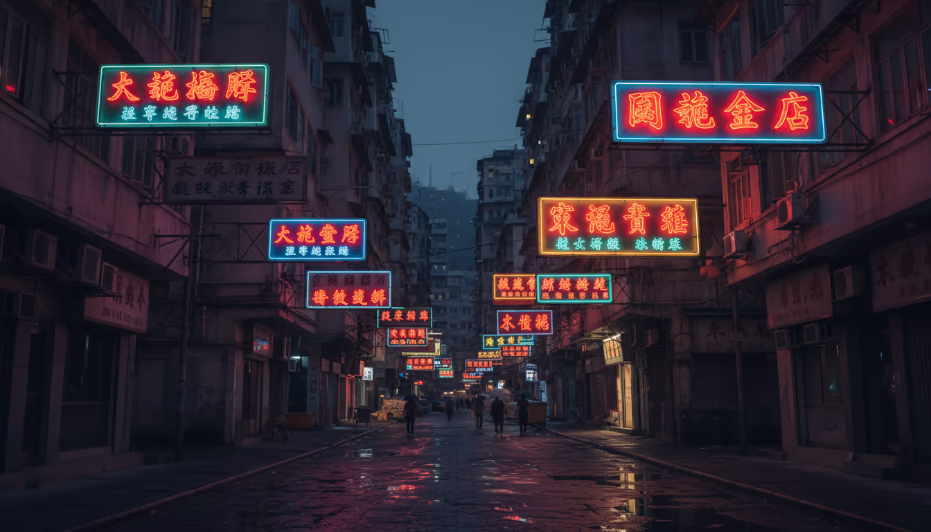 Hong Kong narrow alley dense with neon signage — the pre-demolition Kowloon look, layered signs in Chinese characters