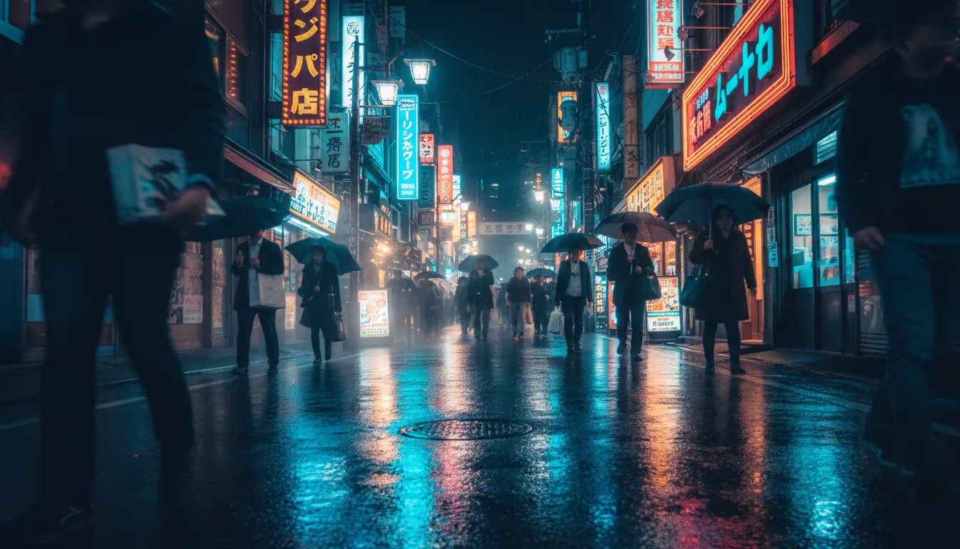 Tokyo Kabukicho at night — dense layers of neon signs in Japanese, bustling pedestrians, wet pavement reflections