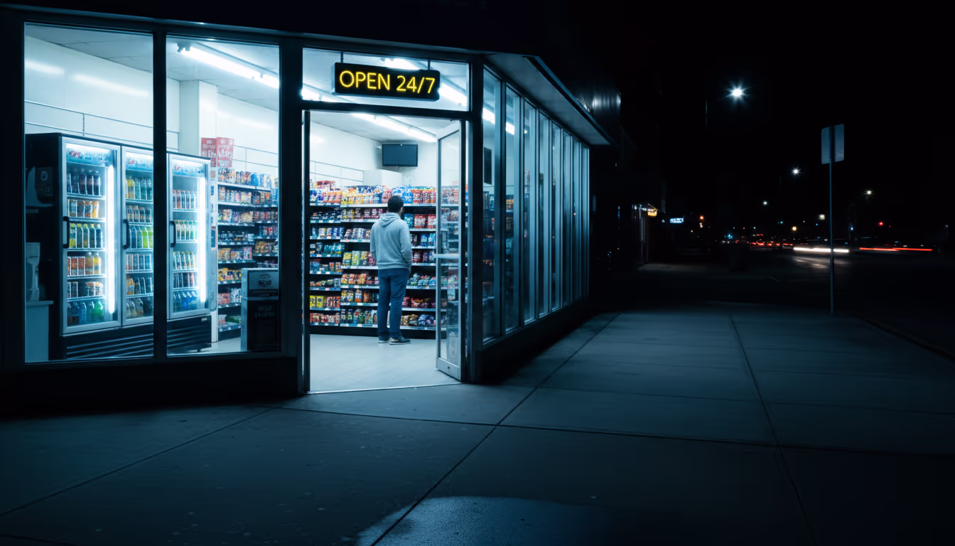 24-hour convenience store at 2am — fluorescent glow against a dark empty street, liminal nighttime quality