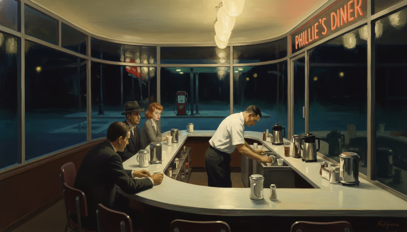 Nighthawks-inspired late-night diner — warm interior glow, empty dark street outside, solitary beauty