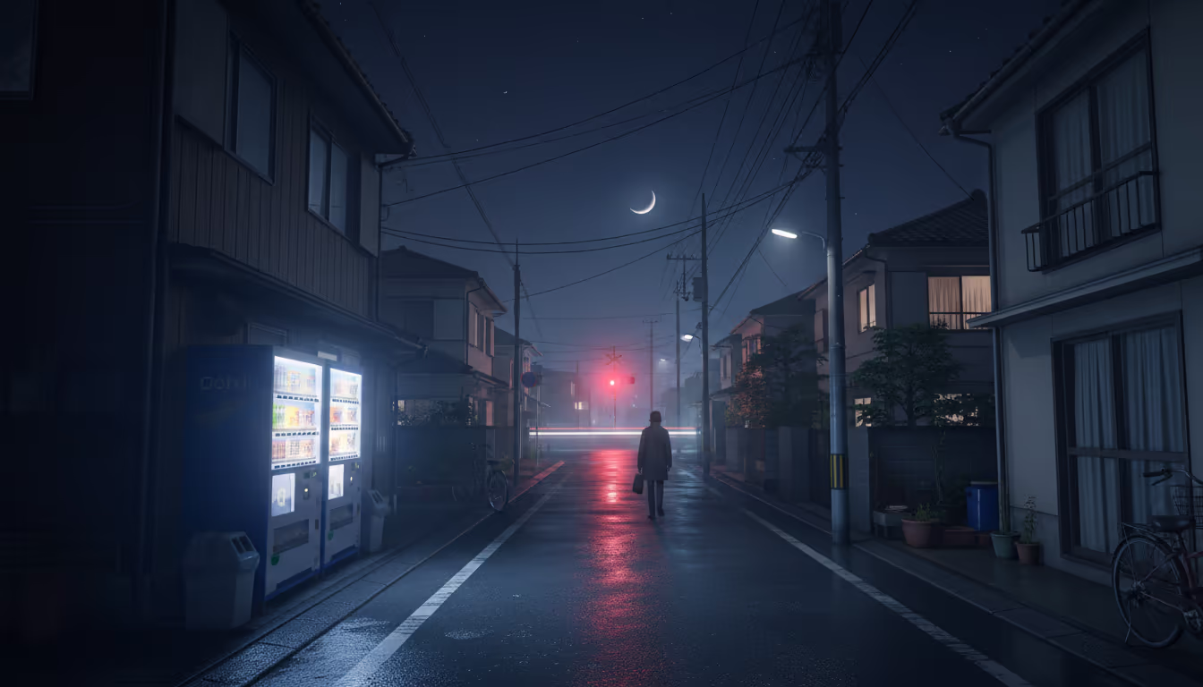 Quiet Tokyo residential street at night — vending machines glowing, power lines overhead, blue-dark sky