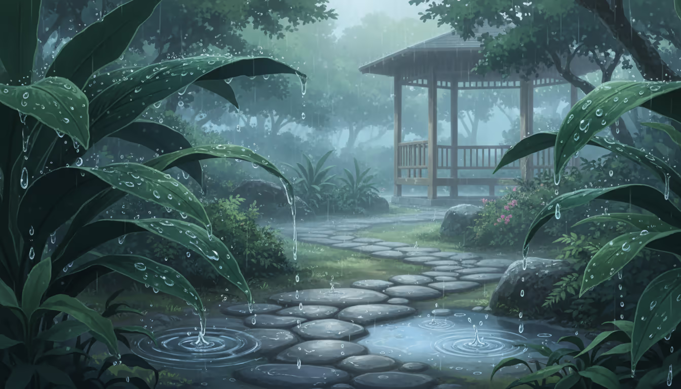 Anime-style rain scene — hyper-detailed rain drops on lush green leaves, dreamy garden atmosphere