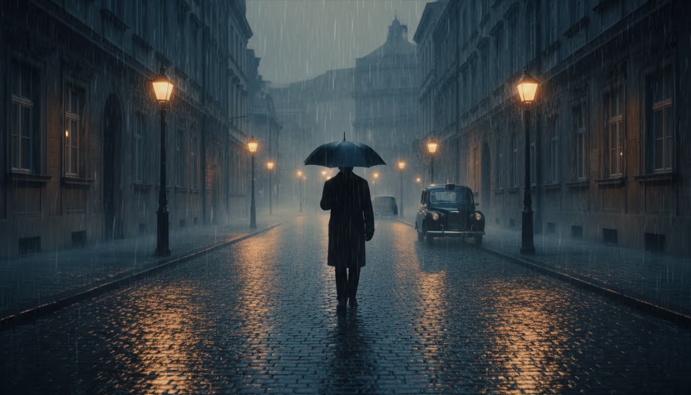 Cinematic rain scene — lone figure under umbrella in a downpour, streetlights creating halos in the rain