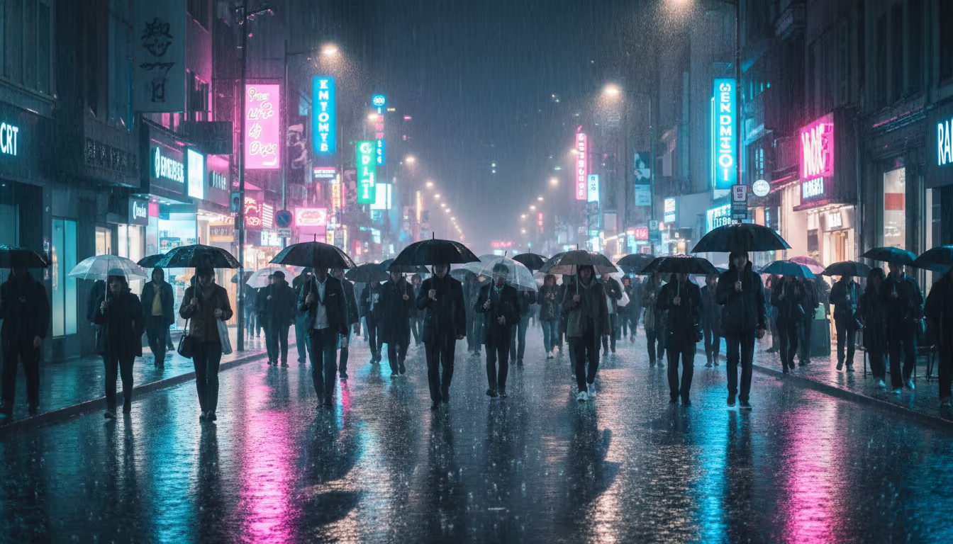 Rain-soaked city street at night — neon signs creating colorful reflections on wet asphalt, umbrellas dotting the crowd