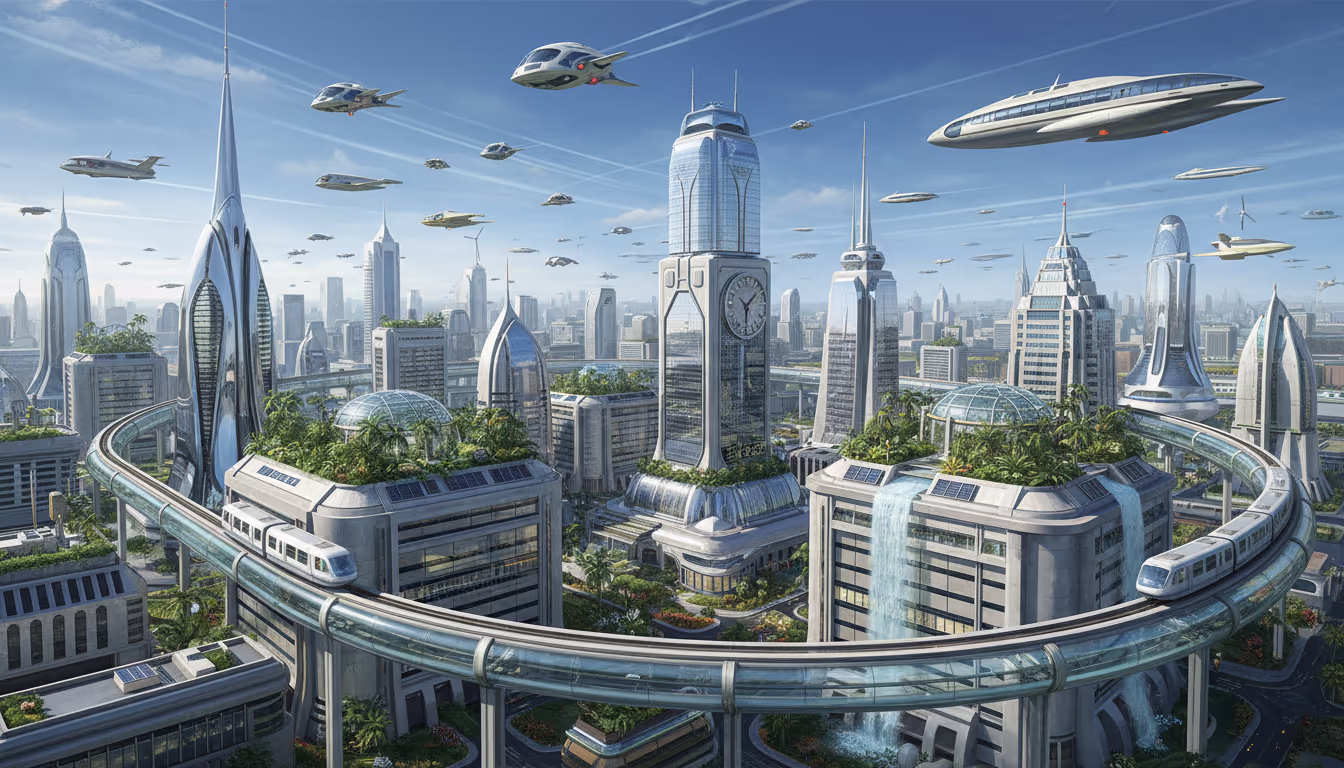 Syd Mead-inspired futuristic cityscape — chrome towers, flying vehicles, monorails, a 1980s vision of 2020