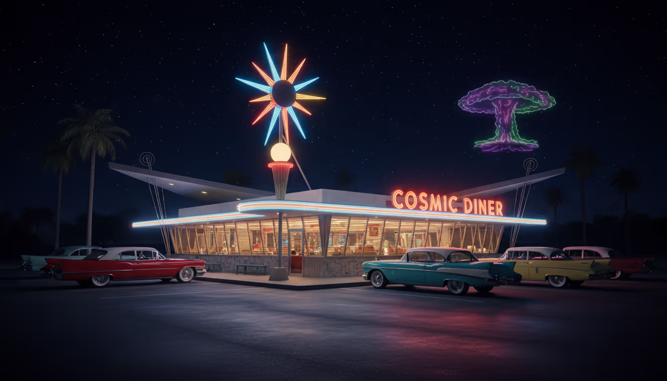 Googie architecture — 1950s diner with sweeping curves, starburst signs, neon accents, atomic-age optimism