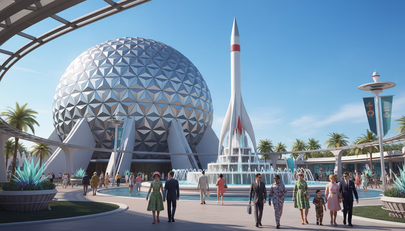 World's Fair pavilion — mid-century space-age dome, rocket sculpture, optimistic crowds, retro-futurist utopia