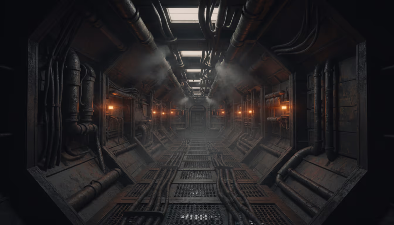 Gritty industrial spaceship corridor — exposed pipes, steam vents, warning lights, Alien-inspired lived-in sci-fi