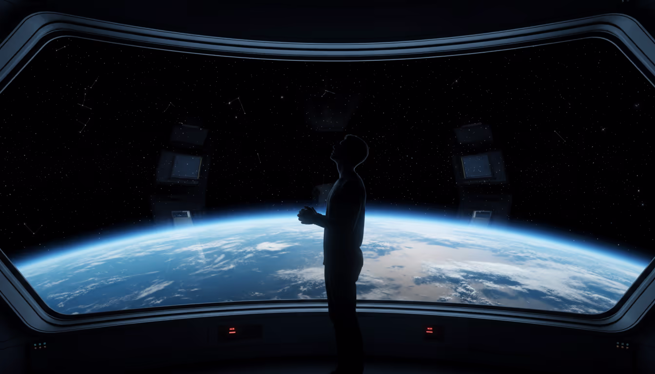 Earth seen through a space station window — thin blue atmosphere line against the void, the overview effect