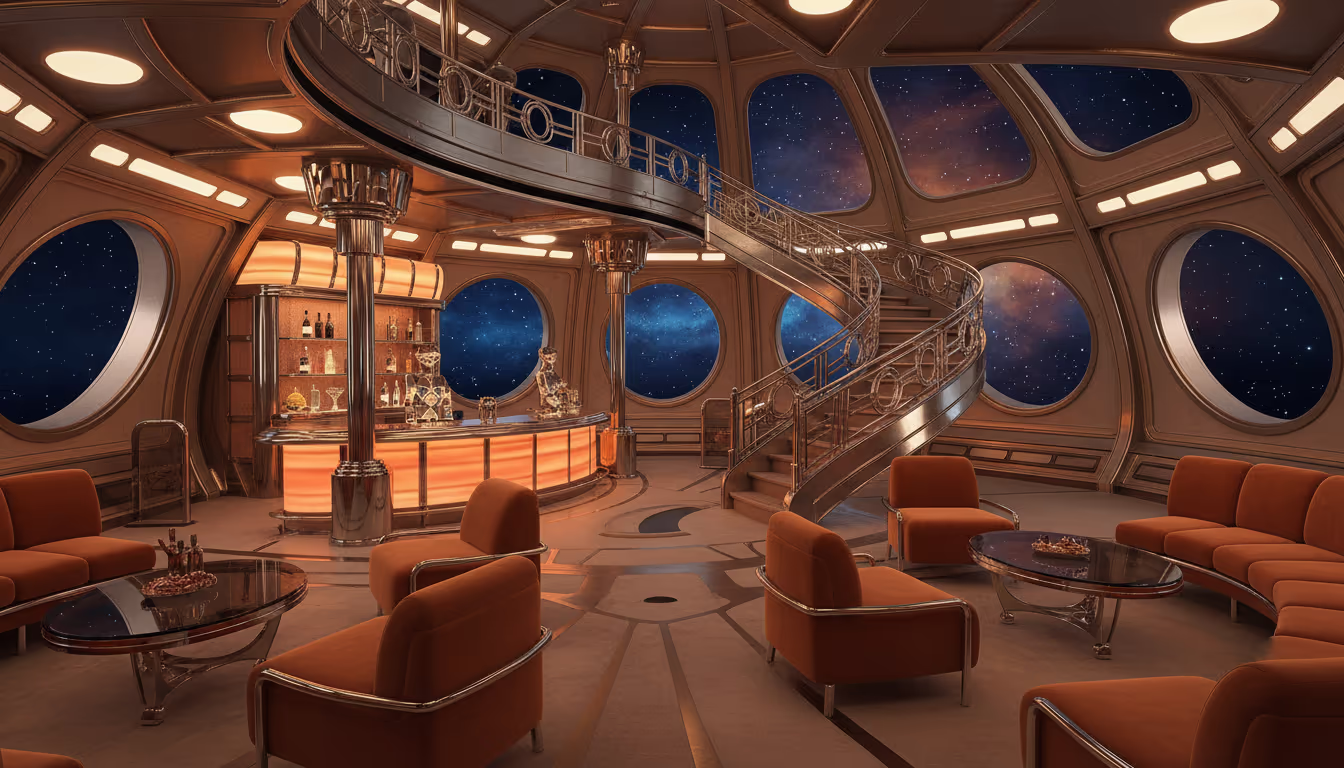 Retro-futuristic space station interior — chrome and brass fixtures, circular porthole windows showing stars, Syd Mead-inspired