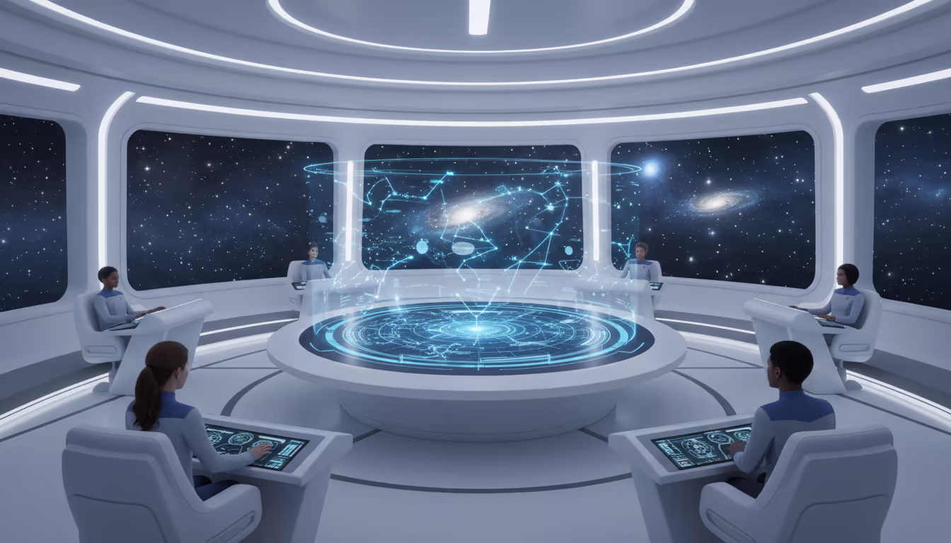 Utopian starship bridge — clean white surfaces, holographic star map, serene crew stations, Star Trek aesthetic