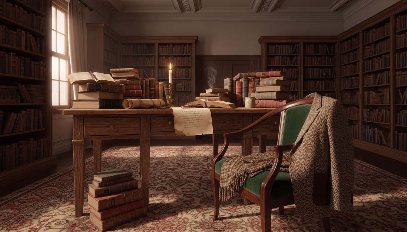 Dark academia study scene — candlelight, leather-bound books, quill pen, tweed jacket on chair, old wooden desk
