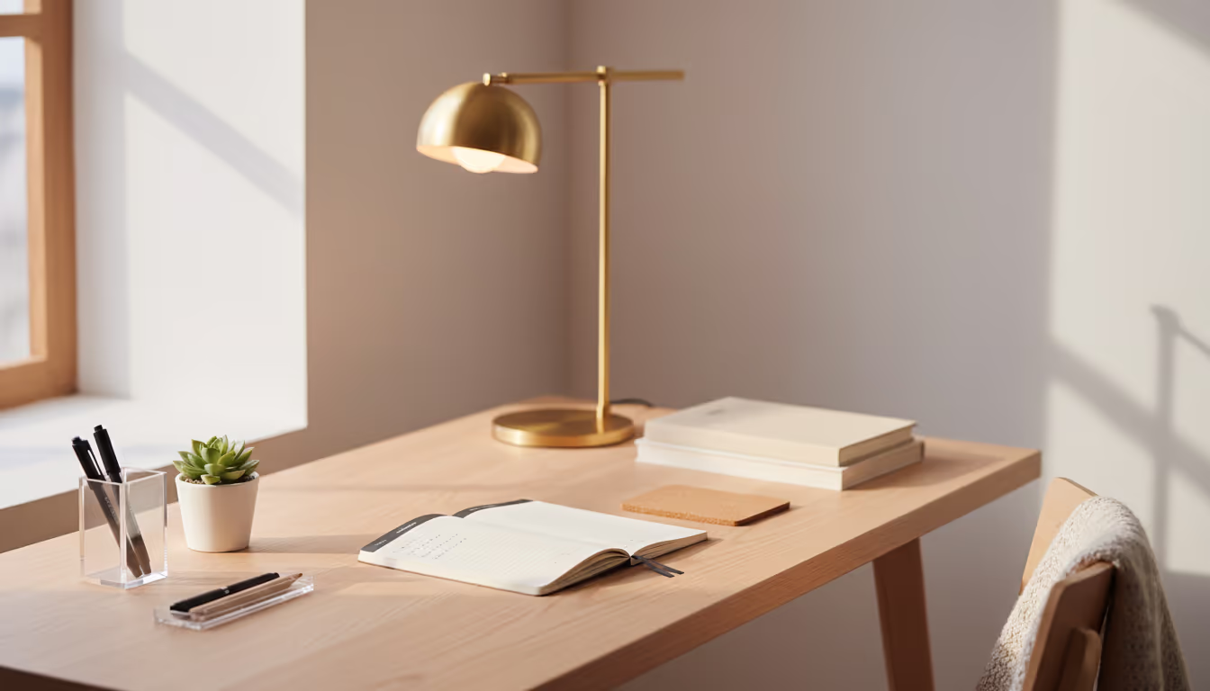 Study aesthetic desk — organized Muji stationery, open notebook, warm lamp, small plant, minimalist and inviting