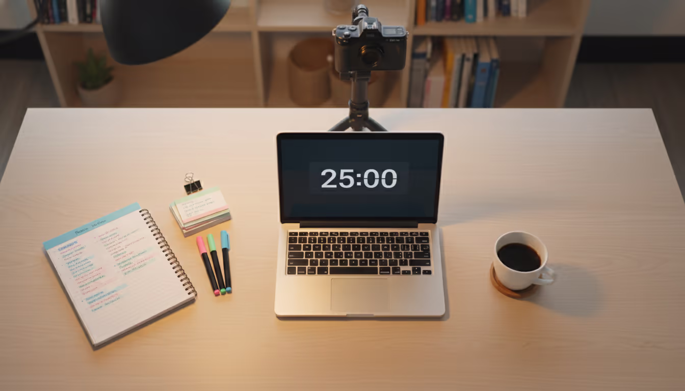 Study with me setup — laptop with timer, organized notes, coffee cup, warm overhead lighting, camera-ready desk