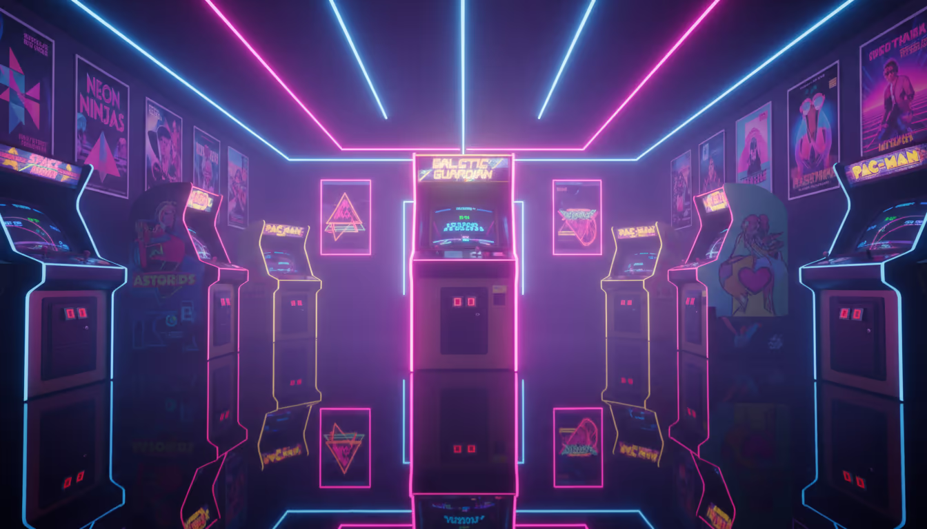 Retro arcade cabinet in a neon-soaked room — 80s posters on the wall, pink and purple glow