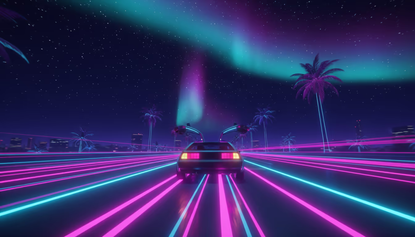 DeLorean speeding down a neon-lit highway — palm trees, starry sky, synthwave color palette