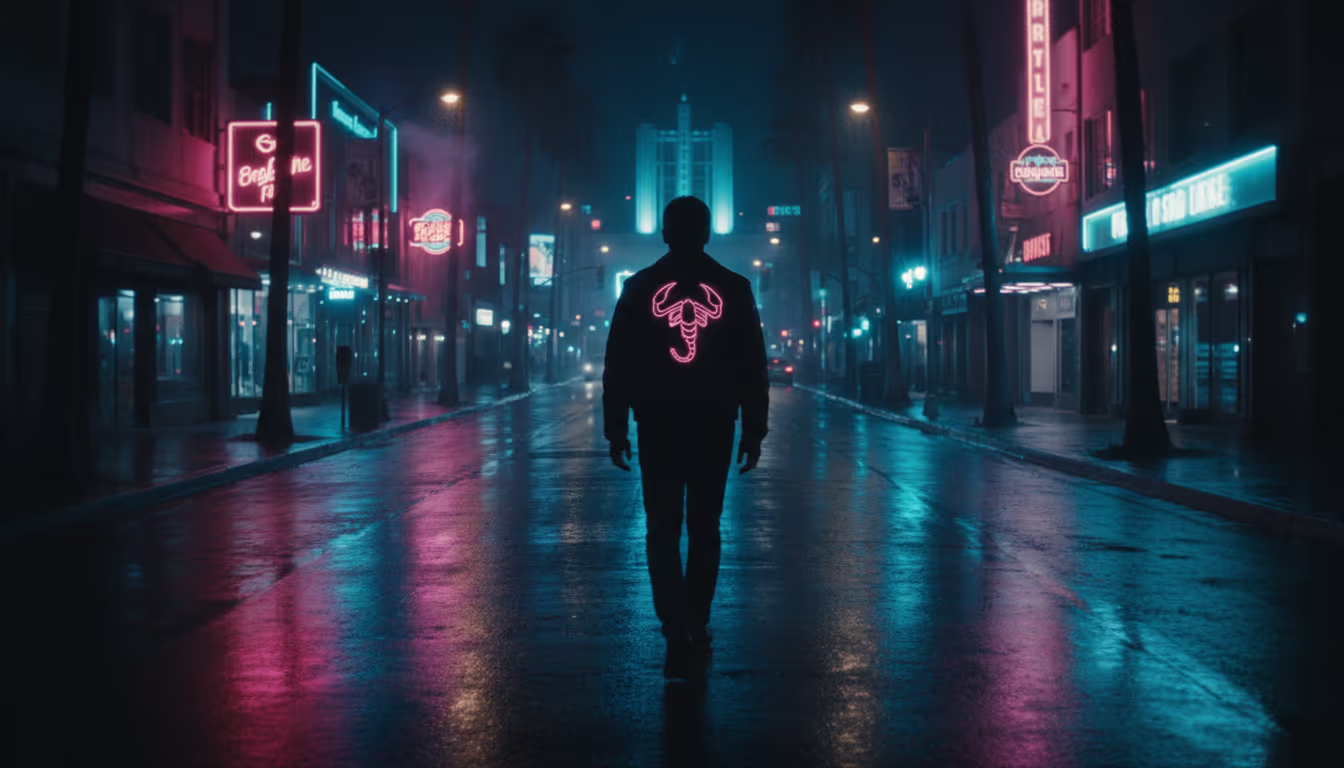 Neon-lit Los Angeles street at night — Drive movie aesthetic, scorpion jacket silhouette, moody pink light