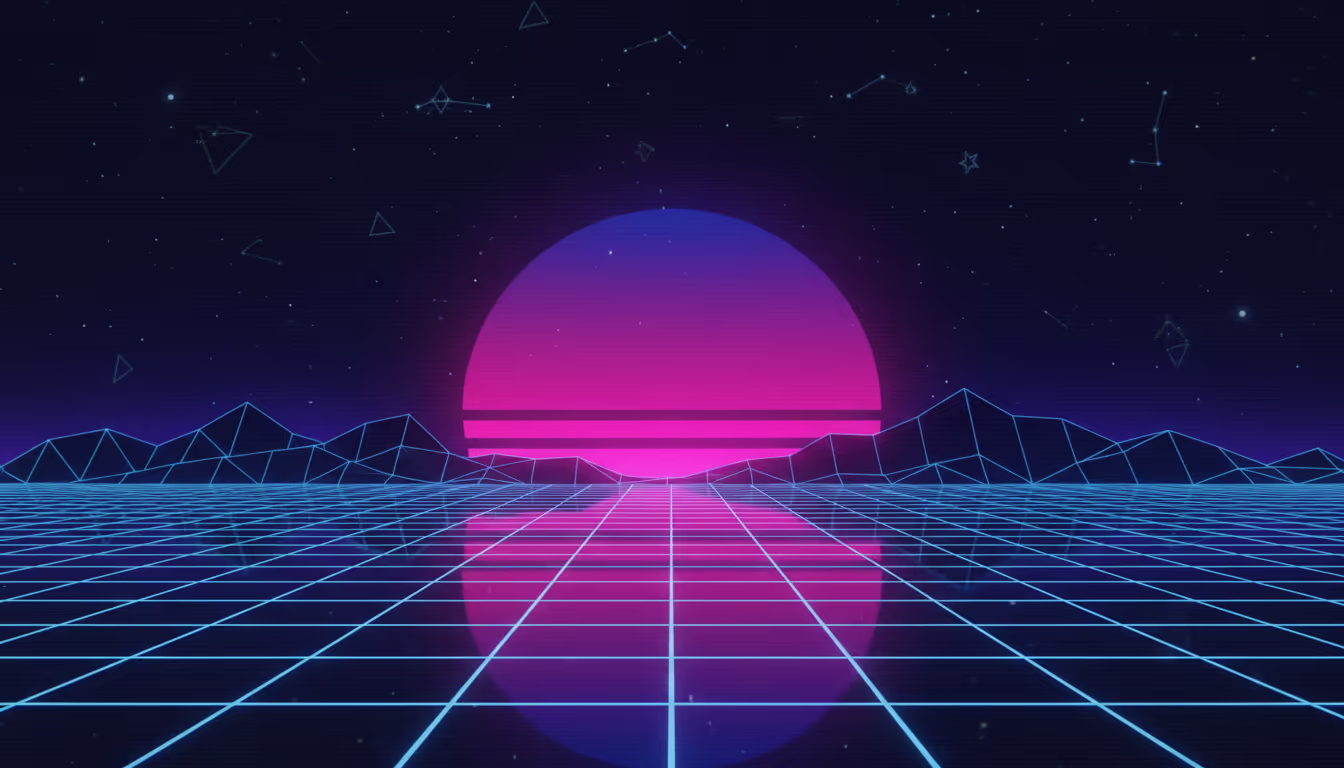 Classic synthwave sunset — chrome reflective grid floor, pink-to-purple gradient sun, mountain silhouette, VHS scan lines