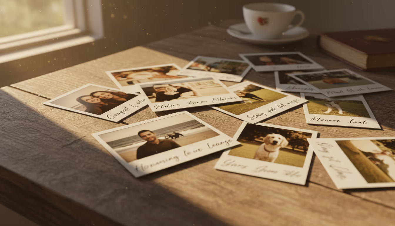 Scattered Polaroid photos on a wooden table — faded colors, handwritten captions underneath, nostalgic warmth