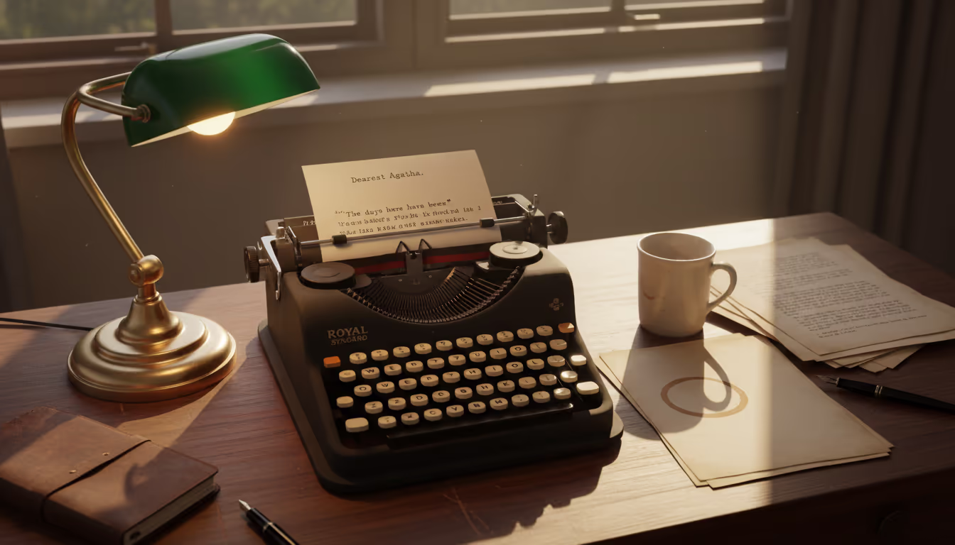 Vintage typewriter with a half-typed letter — coffee ring stain on paper, desk lamp, analog charm