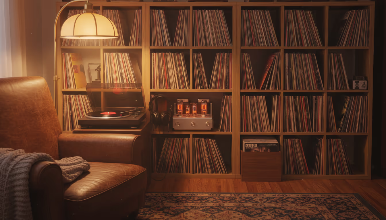 Vinyl record collection — warm wooden shelf, turntable spinning, album covers visible, golden lamp light