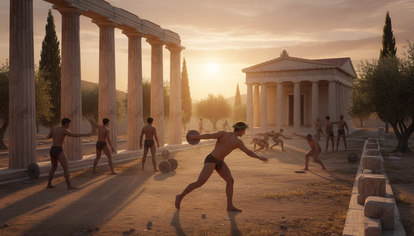 Ancient Greek gymnasium — athletes training between marble columns, olive wreaths, Mediterranean sunlight